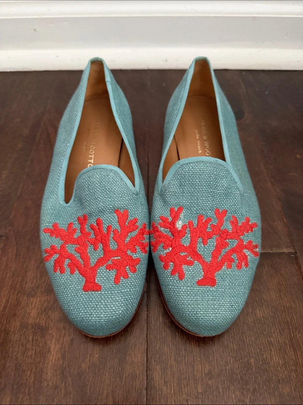 Stubbs & Wootton blue Coral Needlepoint Loafers Size 7.5